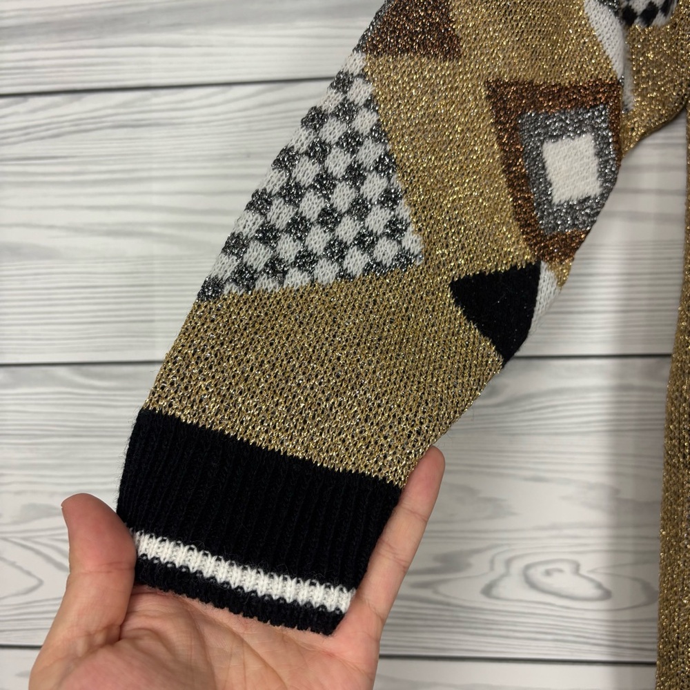 Vintage 90’s Beldoch Popper Geometric Print Gold Acrylic Sweater Size Medium - Picture 3 of 10